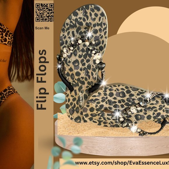 Newly Decorated Leopard Beach Flip Flops, Rhinestones, Shoes, Bridal Sandals - Picture 4 of 16